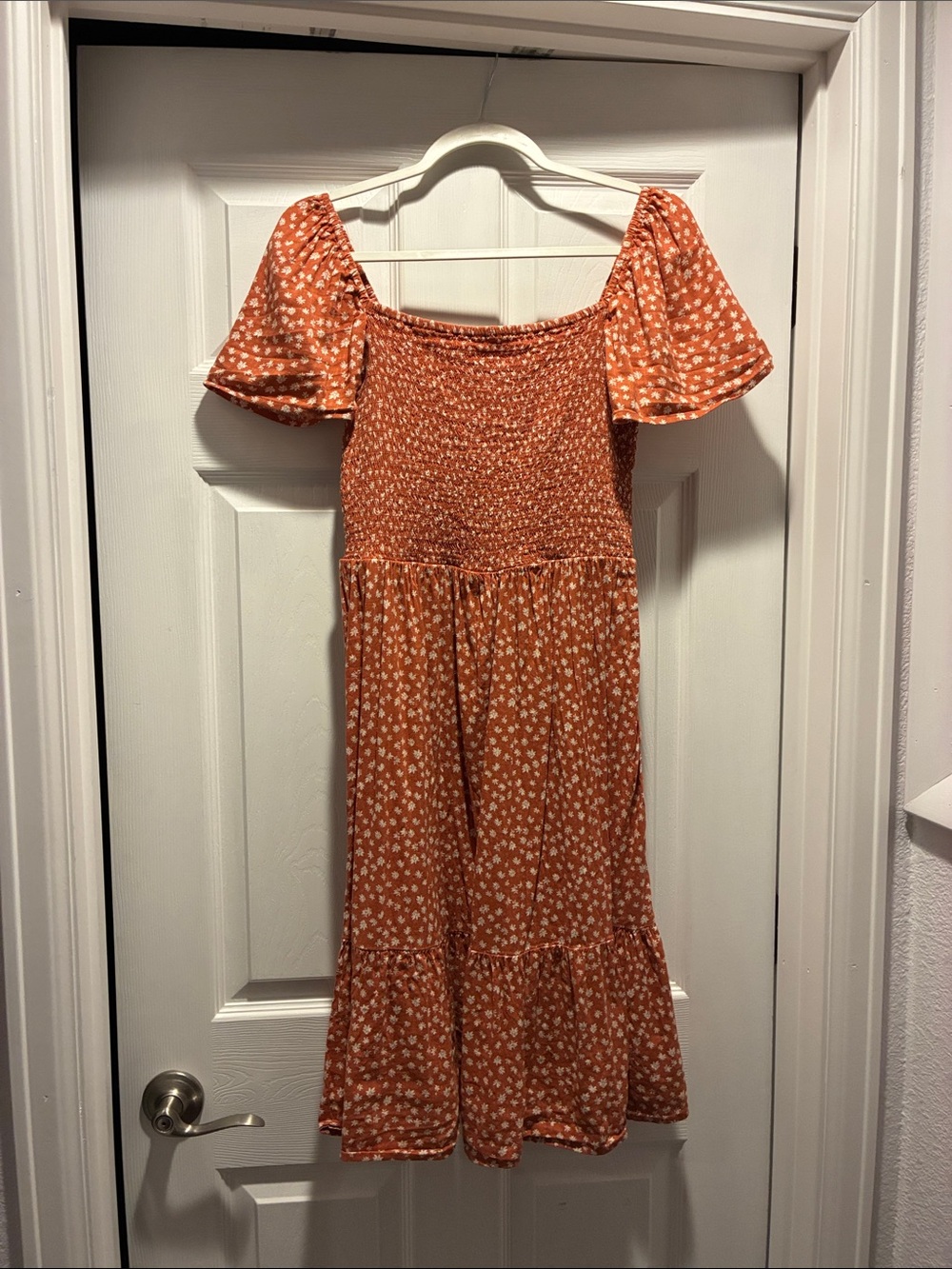 GAP Rust Orange Floral Smocked Midi Dress with Puff Sleeves
